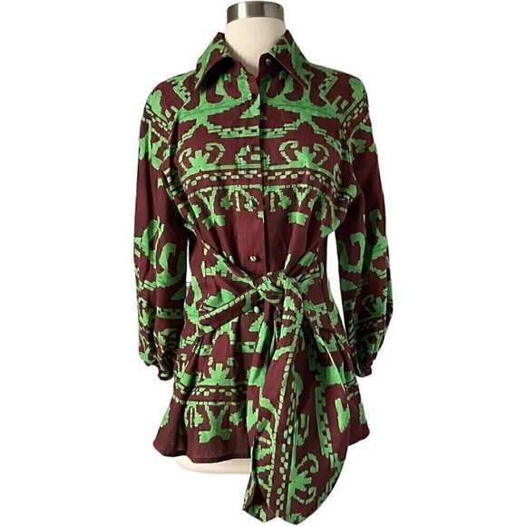 Alexis Bahia Green Brown Belted Linen Cotton Blouse Top S - Picture 4 of 9